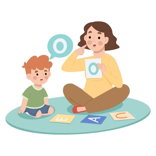 illustration of little boy with speech therapy premium vector